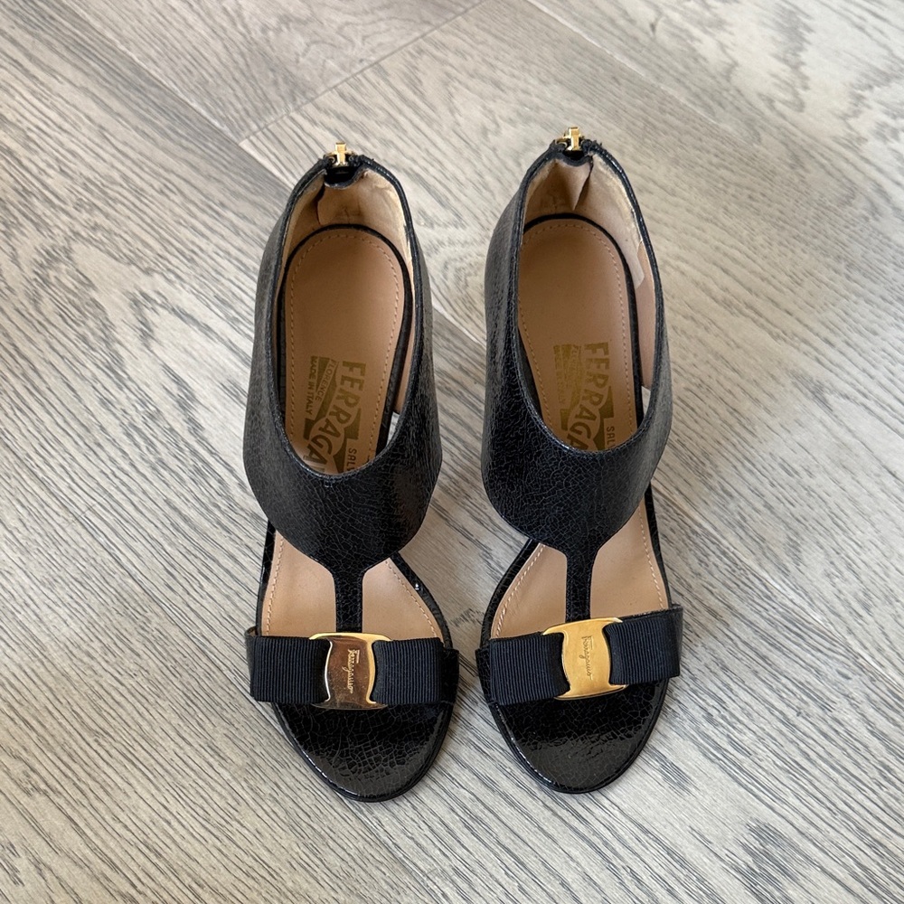 Salvatore Ferragamo Black Heels with Gold Bow Accent